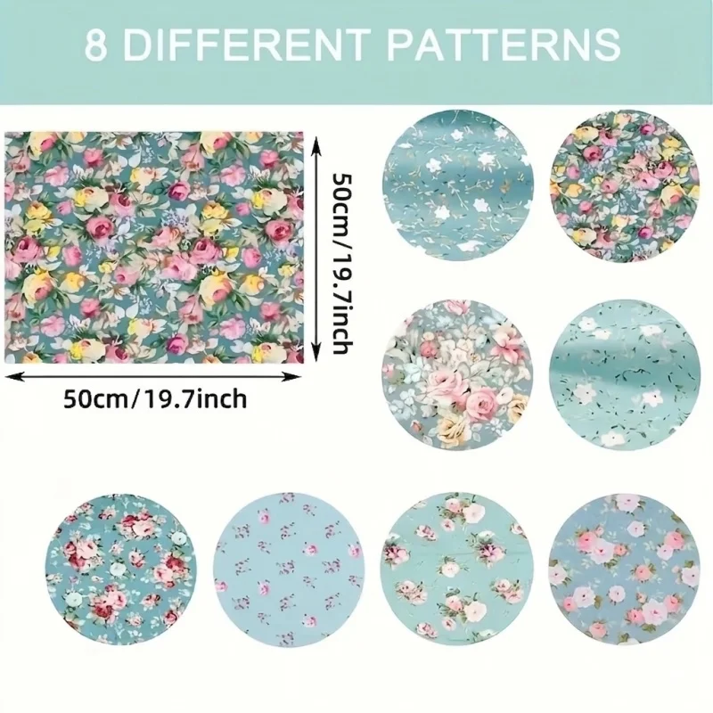 Vintage Teal Floral Fabric 8Pcs 100% Cotton Twill for Quilting, Doll Embroidery with Various Patterns DIY & Sewing Crafts thumbnail 3