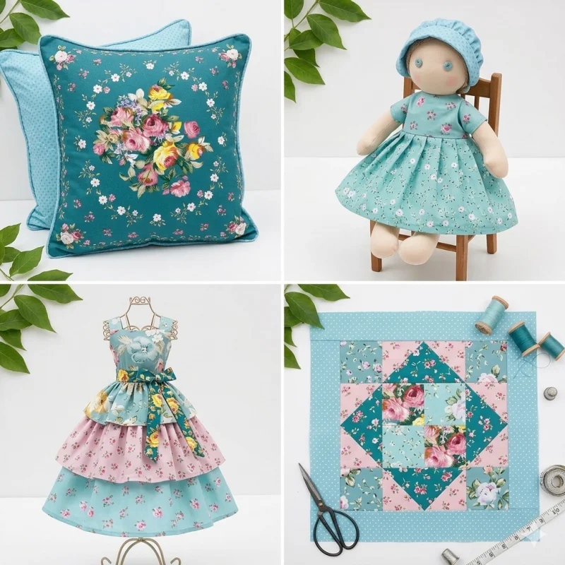 Vintage Teal Floral Fabric 8Pcs 100% Cotton Twill for Quilting, Doll Embroidery with Various Patterns DIY & Sewing Crafts thumbnail 6