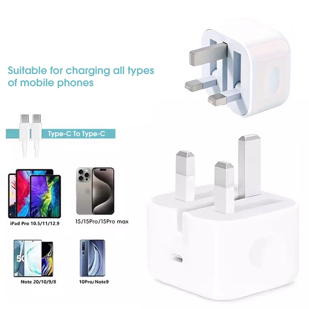 UK Plug Foldable 20W Mobile Phone Adapter With 2m Dual Type-C Mobile Phone Charging Cable Suitable for iPhone 15 16 thumbnail 6