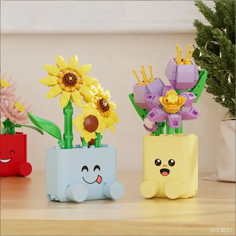 Creative Potted Plants Bricks Model Cheerful Flower Botanical Building Blocks Good Mood Assemble Toys Gifts Ornament Decoration