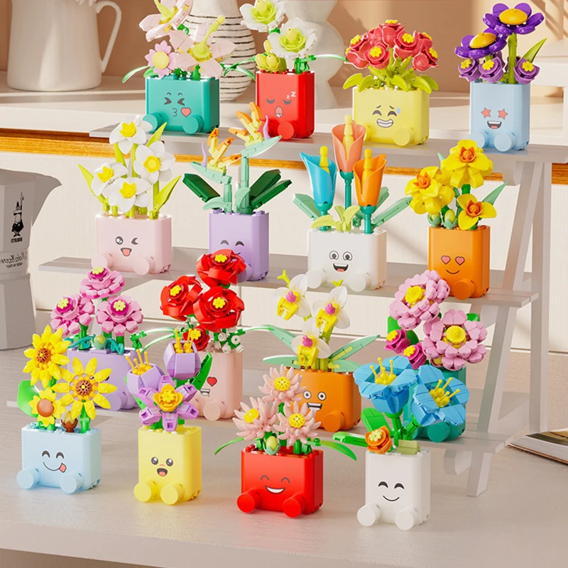 Creative Potted Plants Bricks Model Cheerful Flower Botanical Building Blocks Good Mood Assemble Toys Gifts Ornament Decoration thumbnail 2