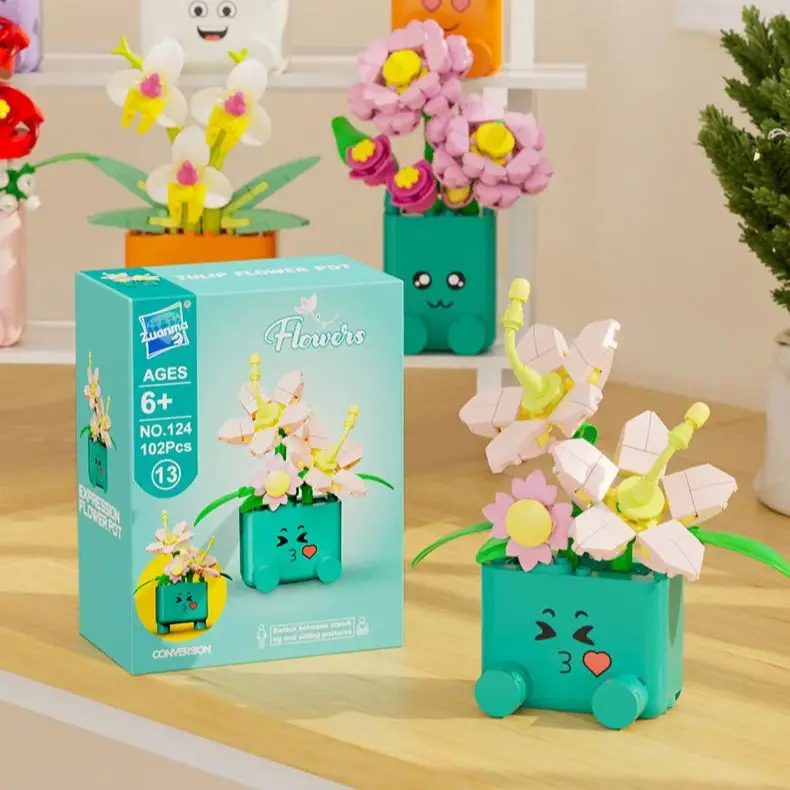 Creative Potted Plants Bricks Model Cheerful Flower Botanical Building Blocks Good Mood Assemble Toys Gifts Ornament Decoration thumbnail 4