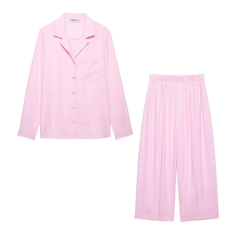 Women's Mid Waist Pants Set Spring 2 Piece Set Lapel Collar Shirt Pocket Elastic Waist Barrel Trousers Two Piece Female Outfits thumbnail 2