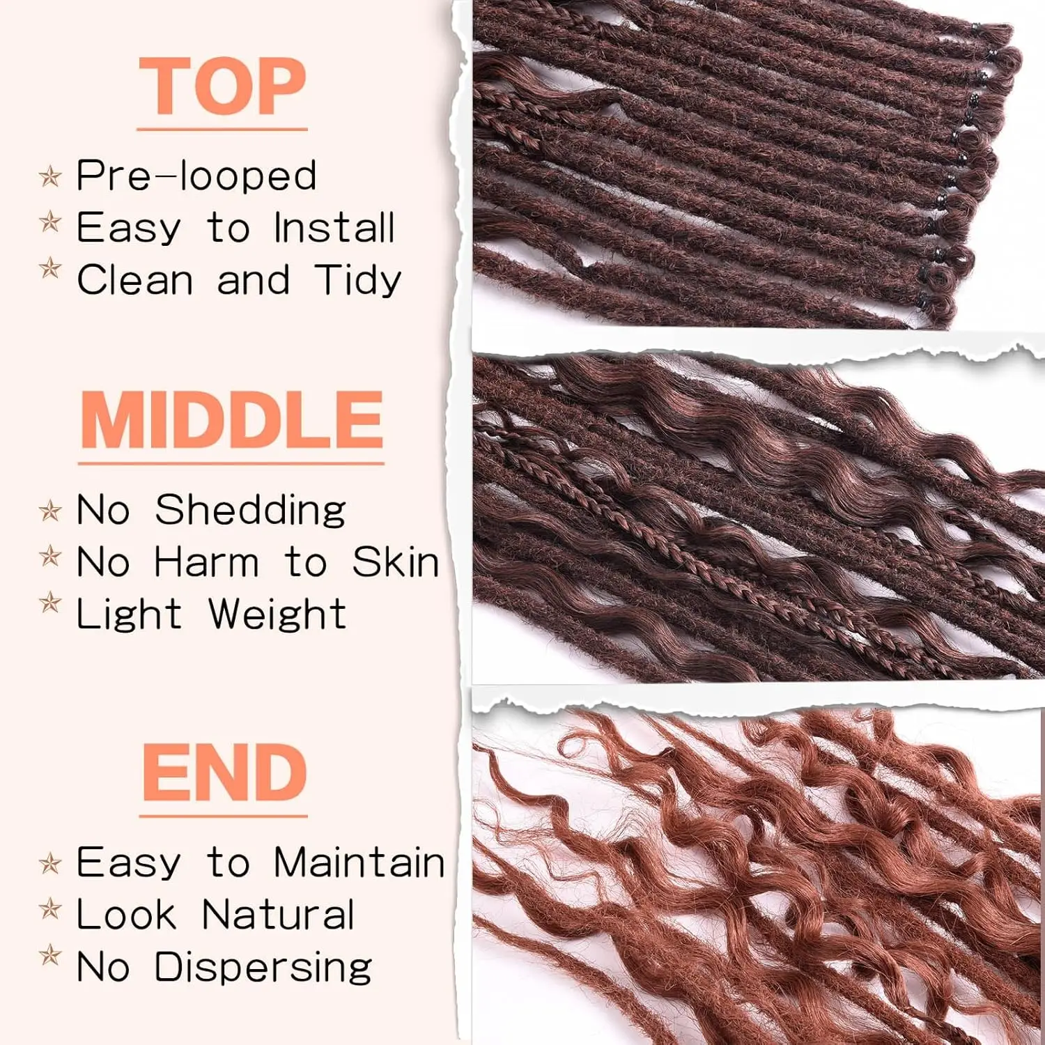 Synthetic SE Dreadlocs Braids Hair Extensions, 24 Inch 8 Strands/Lot 3 In 1 Mixed Hippie Style Single End Dreadslocks for Women thumbnail 2