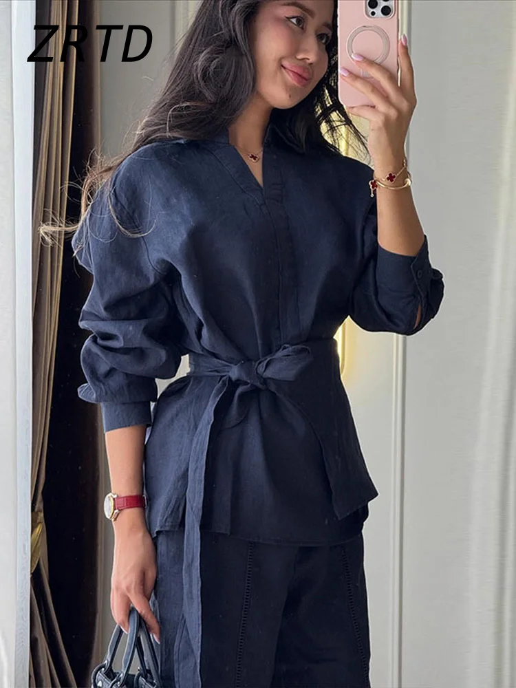 Fashion Women's Linen Pants Set 2 Pieces Lace Up Lapel Buttons Shirt Wide Leg Pant 2026 Spring Summer Lady Casual Holiday Suit