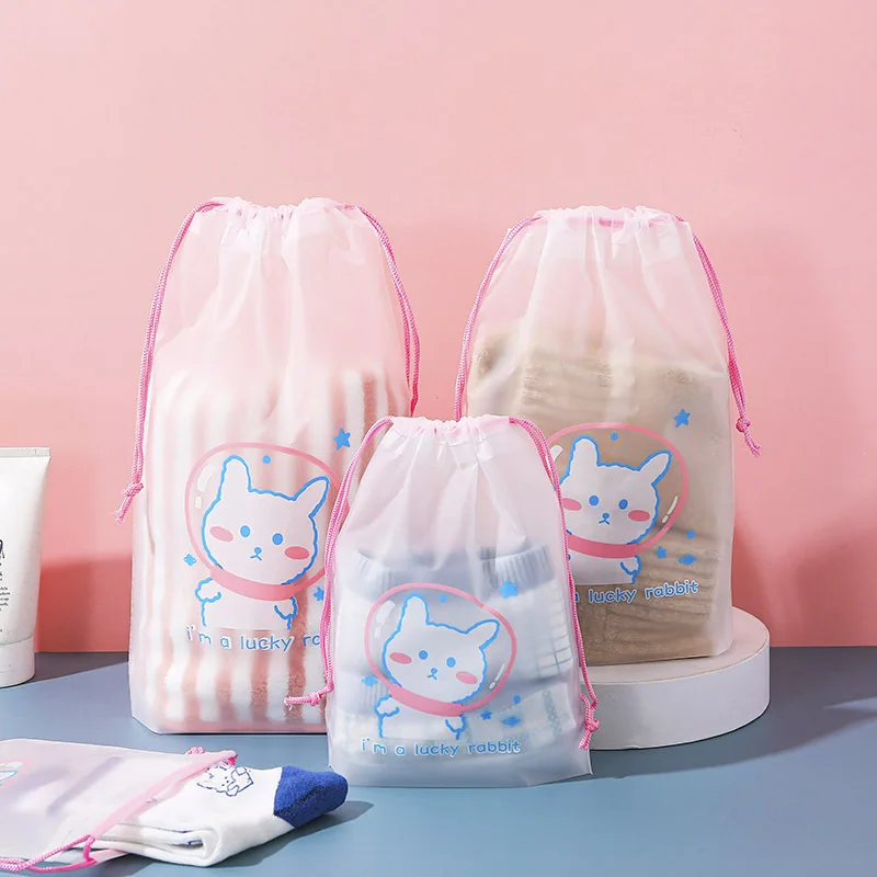 5 Clear Plastic Drawstring Bags, Frosted PE Cartoon Storage Pouches, Travel Shoe Clothes Storage Bag for Shoes Travel Organizer thumbnail 3