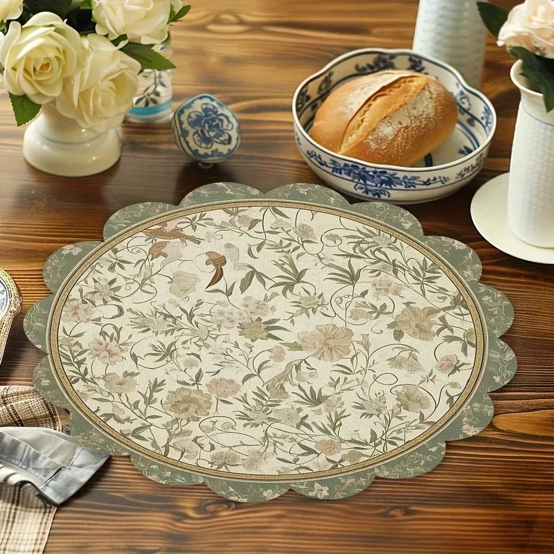VIKAMA 4pcs Vintage Floral Placemats Scalloped Edge Table Mats Washable Heat Resistant Kitchen Dining Decor Home Party Supplies thumbnail 3
