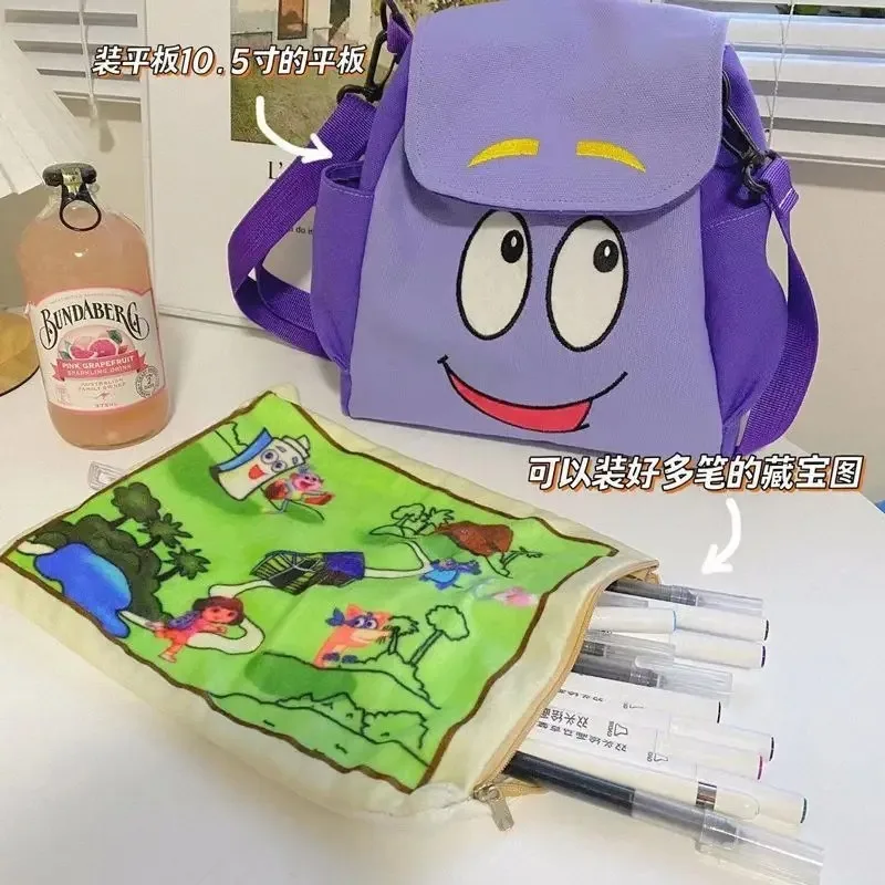 Cartoon Dora The Explorer Backpack Cute Smile Face Student School Bag with Pencil Case Purple Canvas Daypack Gift thumbnail 3