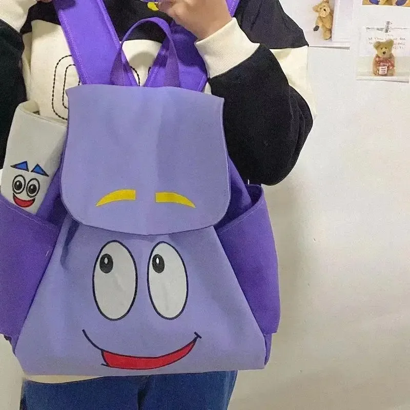 Cartoon Dora The Explorer Backpack Cute Smile Face Student School Bag with Pencil Case Purple Canvas Daypack Gift thumbnail 2