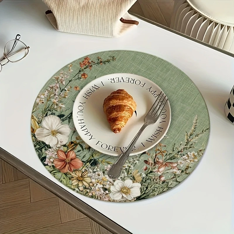 VIKAMA 4-Piece round Placemats Set Dusty Green Floral Pattern Machine Washable Kitchen Dining Decor Seasonal Home Tableware thumbnail 4