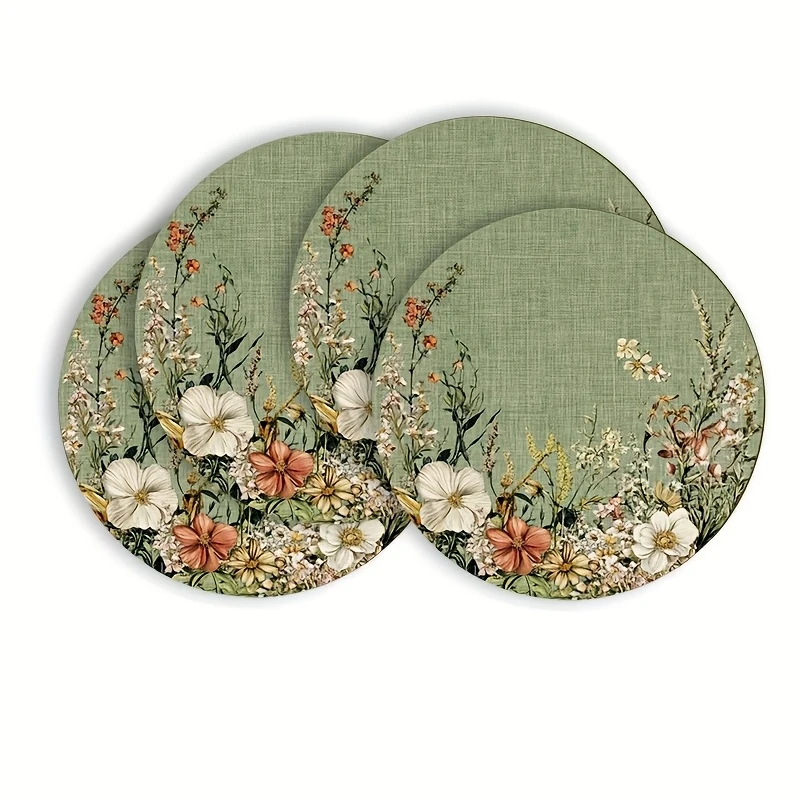 VIKAMA 4-Piece round Placemats Set Dusty Green Floral Pattern Machine Washable Kitchen Dining Decor Seasonal Home Tableware thumbnail 3