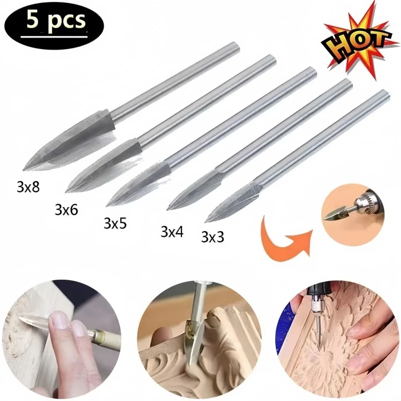 5-Piece Woodworking Engraving Drill Bits Kit - Electric Engraving Tools for DIY Furniture, Tea Table Carving & Root Sculpting thumbnail 4