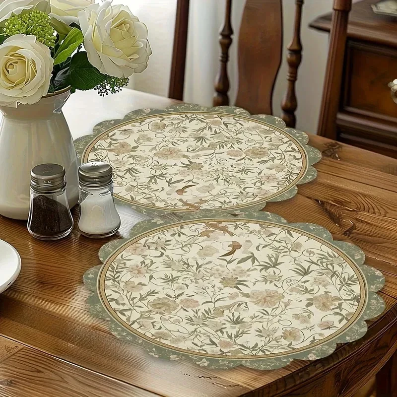 VIKAMA 4pcs Vintage Floral Table Mats Scalloped Edge Placemats Washable Heat Resistant Kitchen Dining Decor Home Party Supplies thumbnail 4