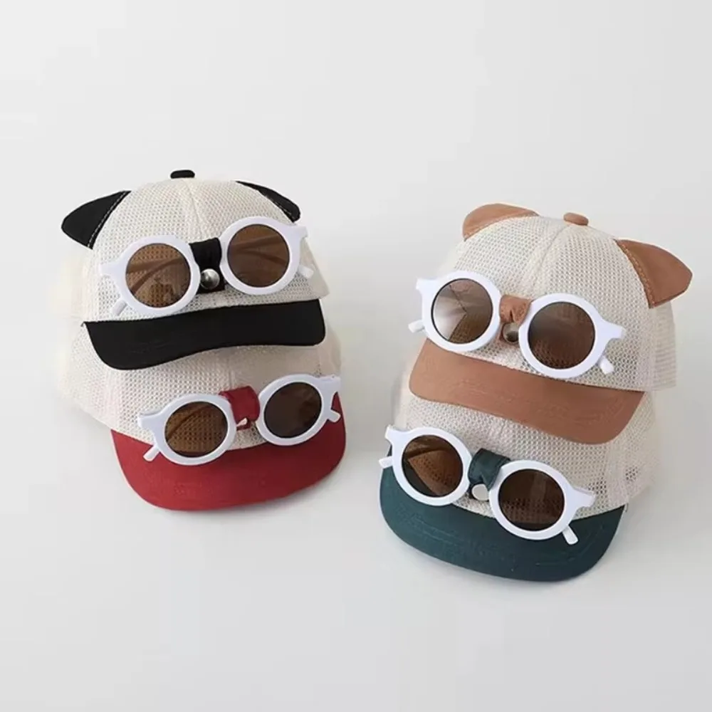 Cute Mesh Hat Sun Protection Breathable Sun Hats Adjustable With Detachable Sunglasses Cartoon Patchwork Hat thumbnail 2