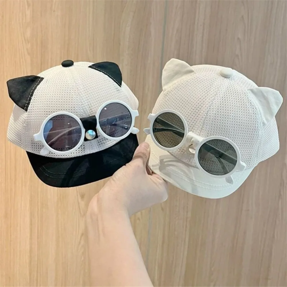 Cute Mesh Hat Sun Protection Breathable Sun Hats Adjustable With Detachable Sunglasses Cartoon Patchwork Hat thumbnail 5