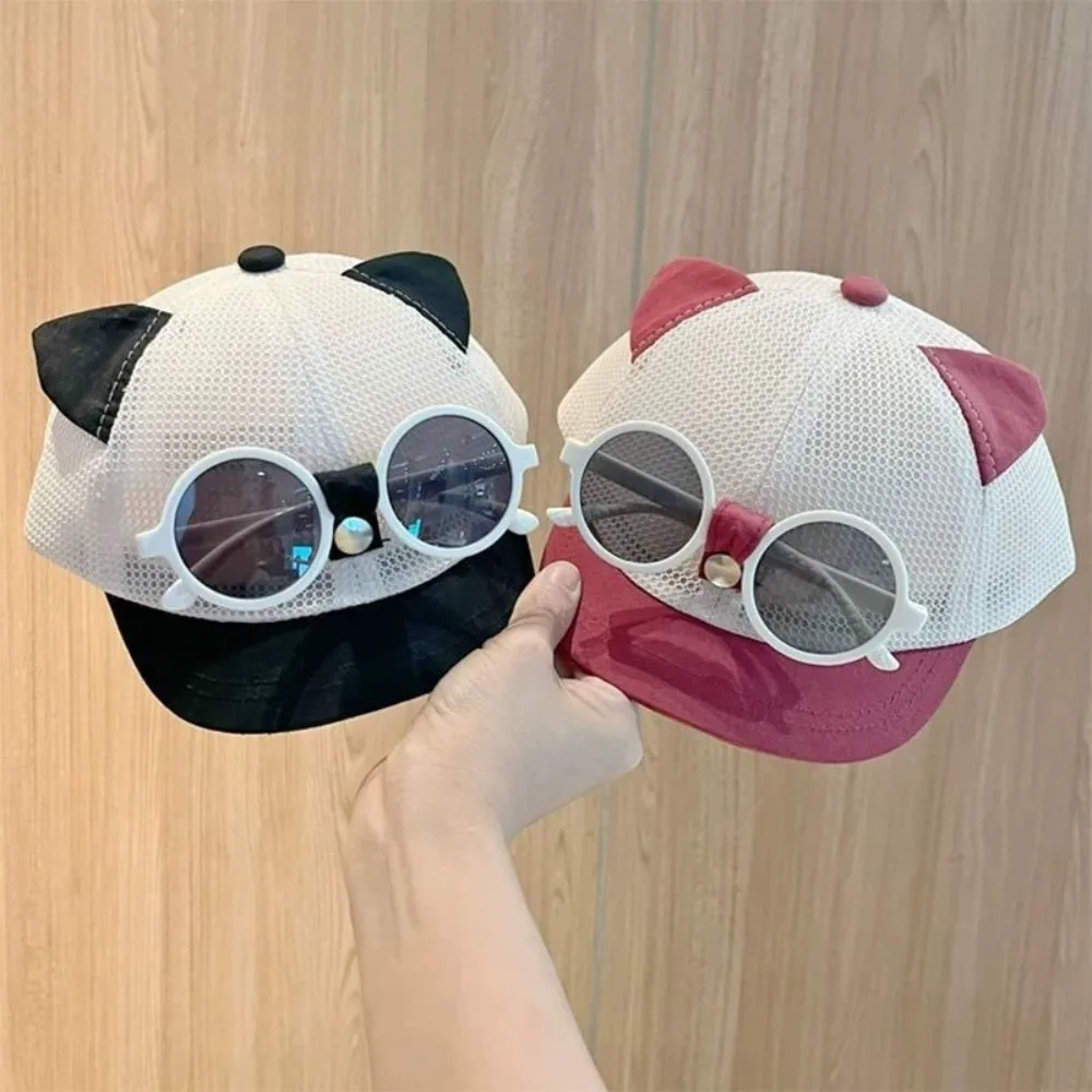 Cute Mesh Hat Sun Protection Breathable Sun Hats Adjustable With Detachable Sunglasses Cartoon Patchwork Hat