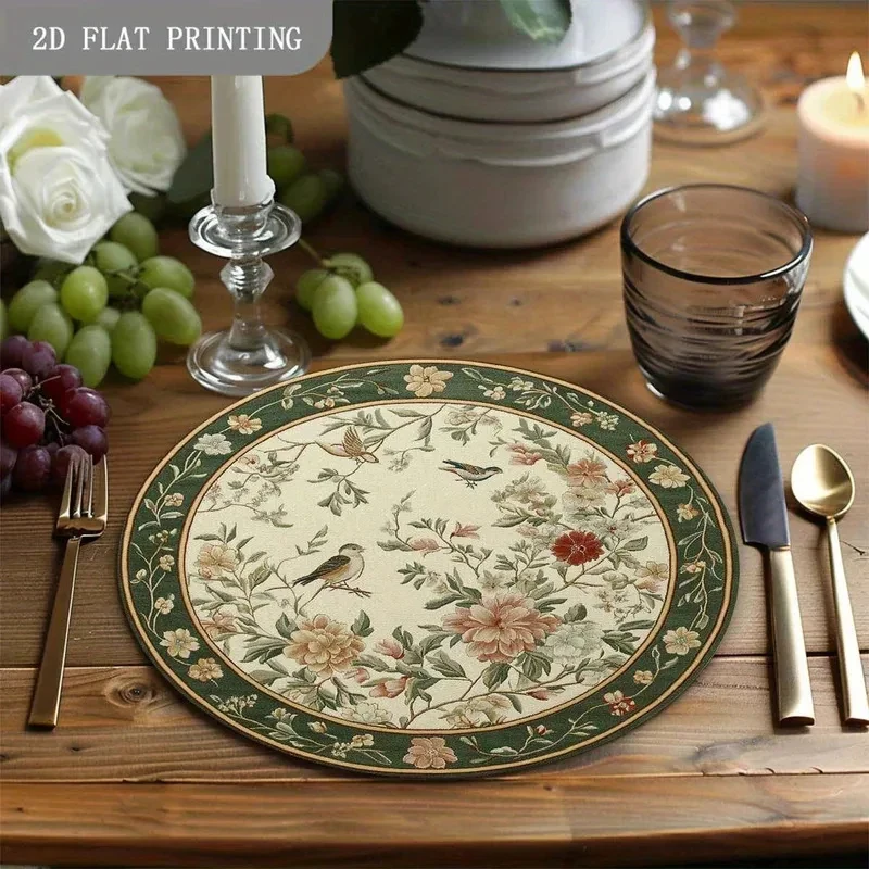 VIKAMA 4pcs round Placemats Set Rustic Floral Bird Design Non-Slip Heat Resistant Washable Dining Table Decor for Kitchen Home thumbnail 3