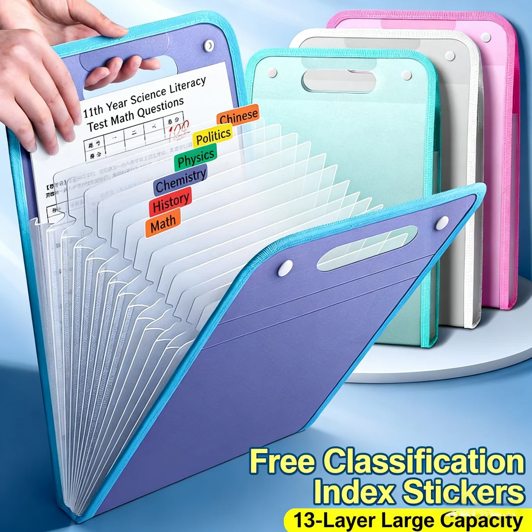 Large Capacity A4 13-Pocket Expanding File Folder, Portable Accordion File Organizer with Handle for School Office