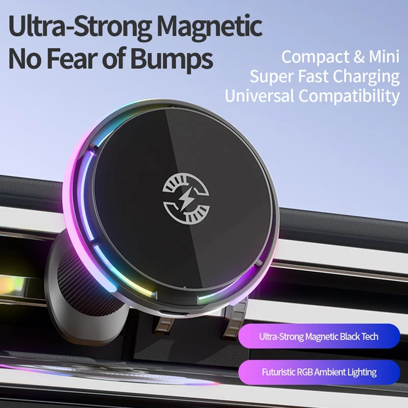 Fan Cooling Magnetic Car Phone Holder 15W Wireless Charging Mount RGB Ambient Light for iPhone 17 16 15 14 13 Samsung S25 Stand thumbnail 4