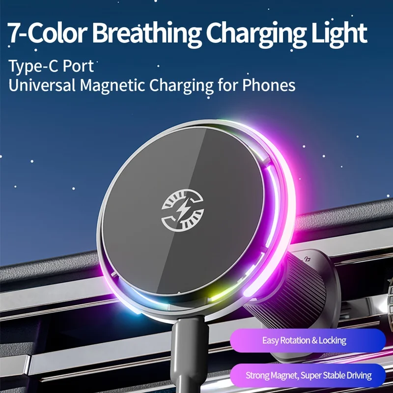 Fan Cooling Magnetic Car Phone Holder 15W Wireless Charging Mount RGB Ambient Light for iPhone 17 16 15 14 13 Samsung S25 Stand thumbnail 5