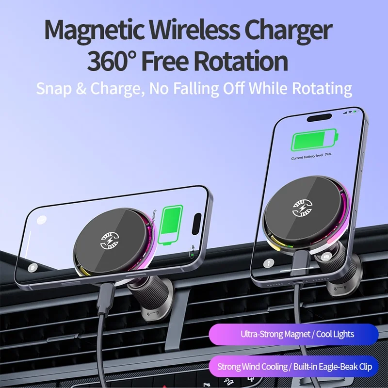 Fan Cooling Magnetic Car Phone Holder 15W Wireless Charging Mount RGB Ambient Light for iPhone 17 16 15 14 13 Samsung S25 Stand thumbnail 2