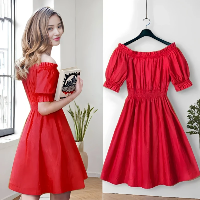 Short Sleeve Pleated Off Shoulder Temperament Mini Dress Summer Solid Slim Simplicity Elegant Dresses Fashion Sexy Women Clothes thumbnail 2