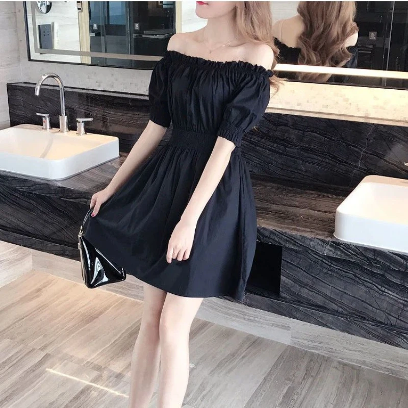 Short Sleeve Pleated Off Shoulder Temperament Mini Dress Summer Solid Slim Simplicity Elegant Dresses Fashion Sexy Women Clothes thumbnail 5