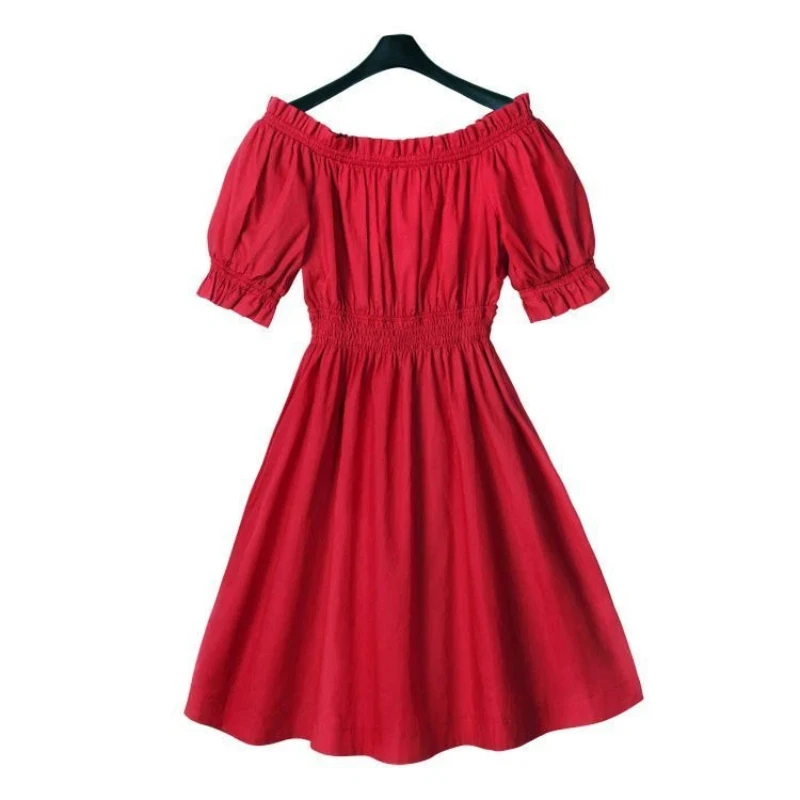 Short Sleeve Pleated Off Shoulder Temperament Mini Dress Summer Solid Slim Simplicity Elegant Dresses Fashion Sexy Women Clothes thumbnail 6