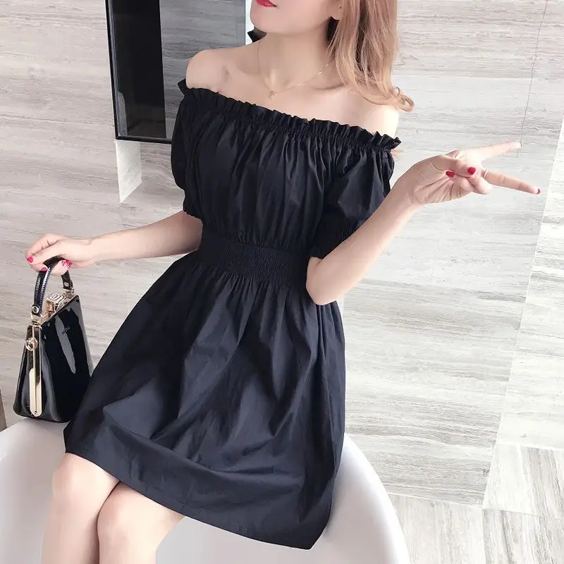 Short Sleeve Pleated Off Shoulder Temperament Mini Dress Summer Solid Slim Simplicity Elegant Dresses Fashion Sexy Women Clothes