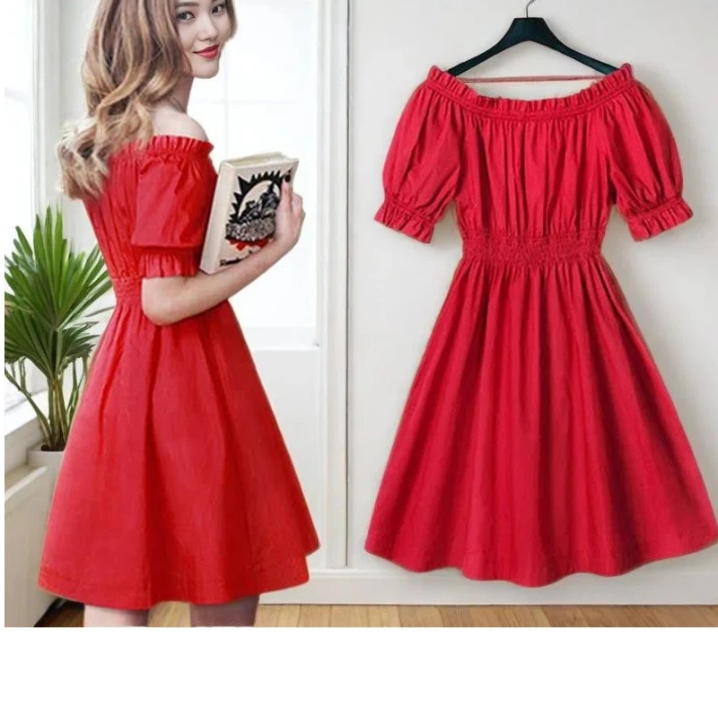 Short Sleeve Pleated Off Shoulder Temperament Mini Dress Summer Solid Slim Simplicity Elegant Dresses Fashion Sexy Women Clothes thumbnail 4