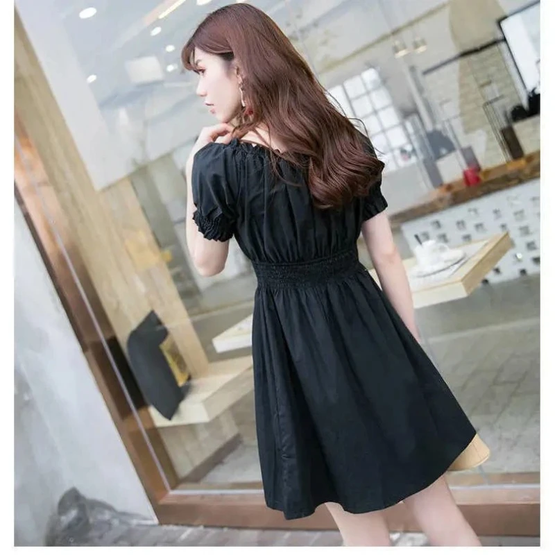 Short Sleeve Pleated Off Shoulder Temperament Mini Dress Summer Solid Slim Simplicity Elegant Dresses Fashion Sexy Women Clothes thumbnail 3