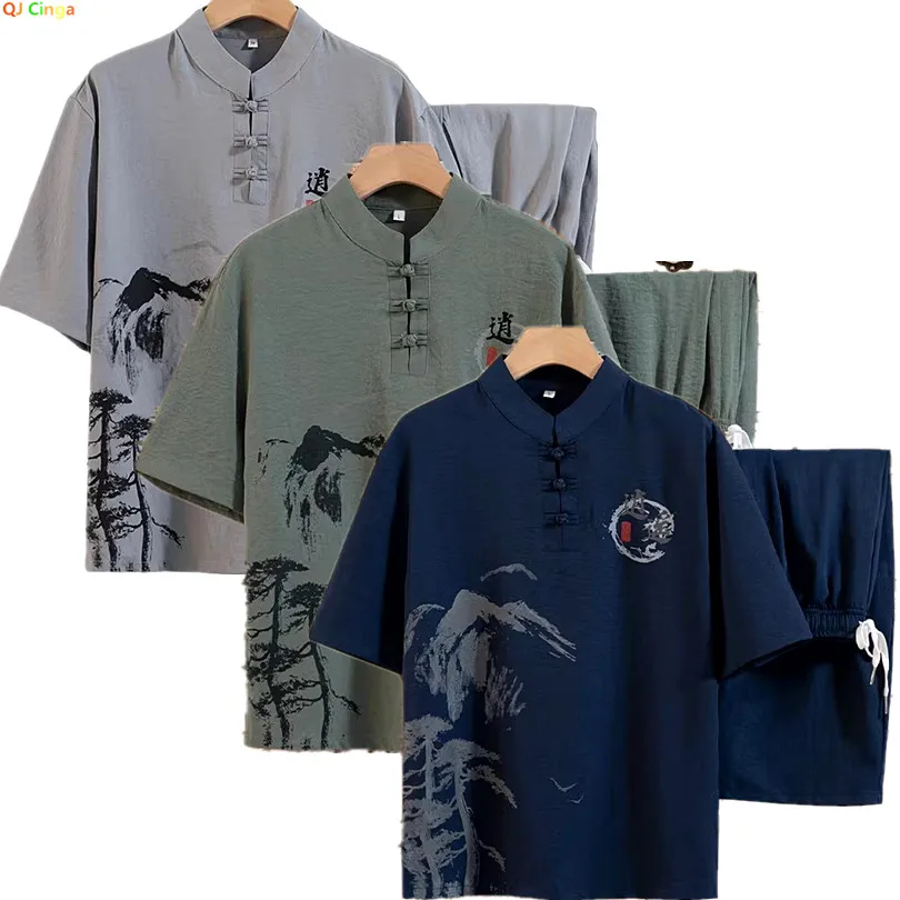 Chinese-style Men's Blue Two-piece Set: A Summer Short-sleeve Pullover Shirt Paired with Knee-length Shorts, Asian Sizes M-4XL.