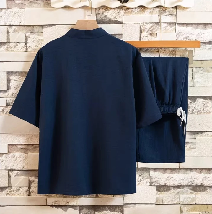 Chinese-style Men's Blue Two-piece Set: A Summer Short-sleeve Pullover Shirt Paired with Knee-length Shorts, Asian Sizes M-4XL. thumbnail 2