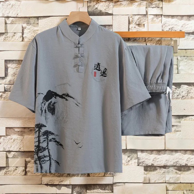 Chinese-style Men's Blue Two-piece Set: A Summer Short-sleeve Pullover Shirt Paired with Knee-length Shorts, Asian Sizes M-4XL. thumbnail 3