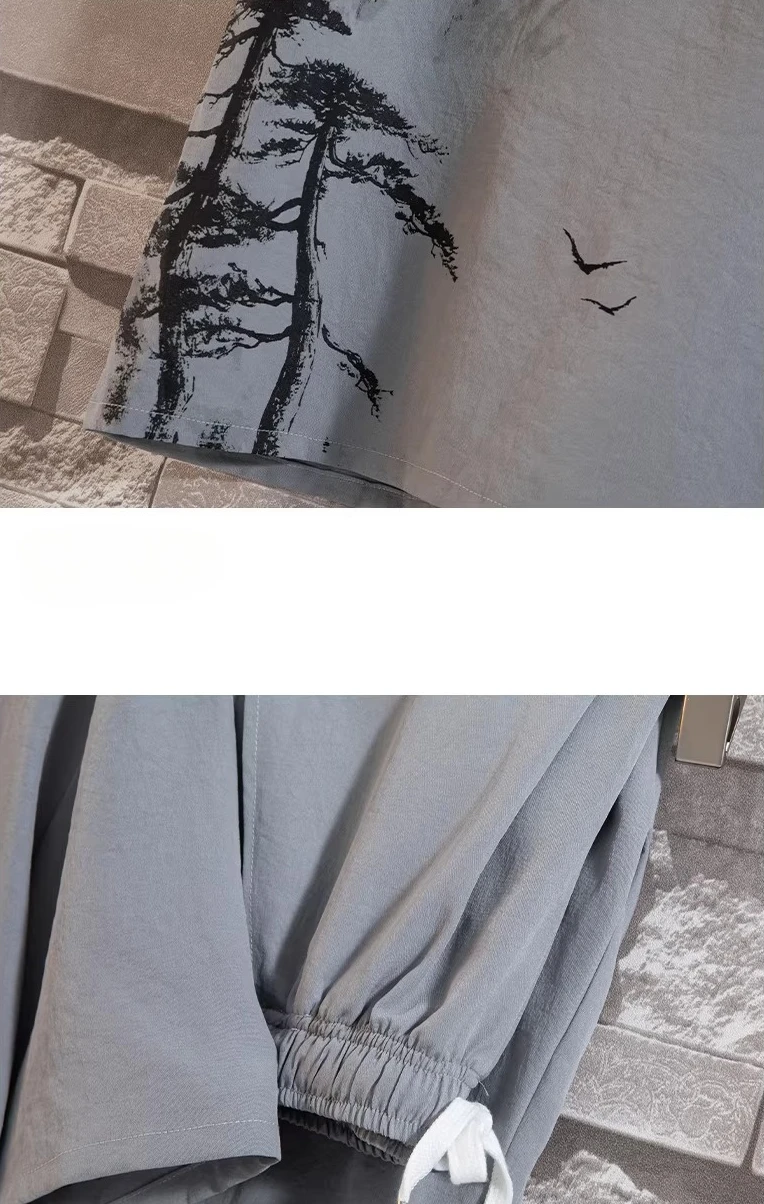 Chinese-style Men's Blue Two-piece Set: A Summer Short-sleeve Pullover Shirt Paired with Knee-length Shorts, Asian Sizes M-4XL. thumbnail 5