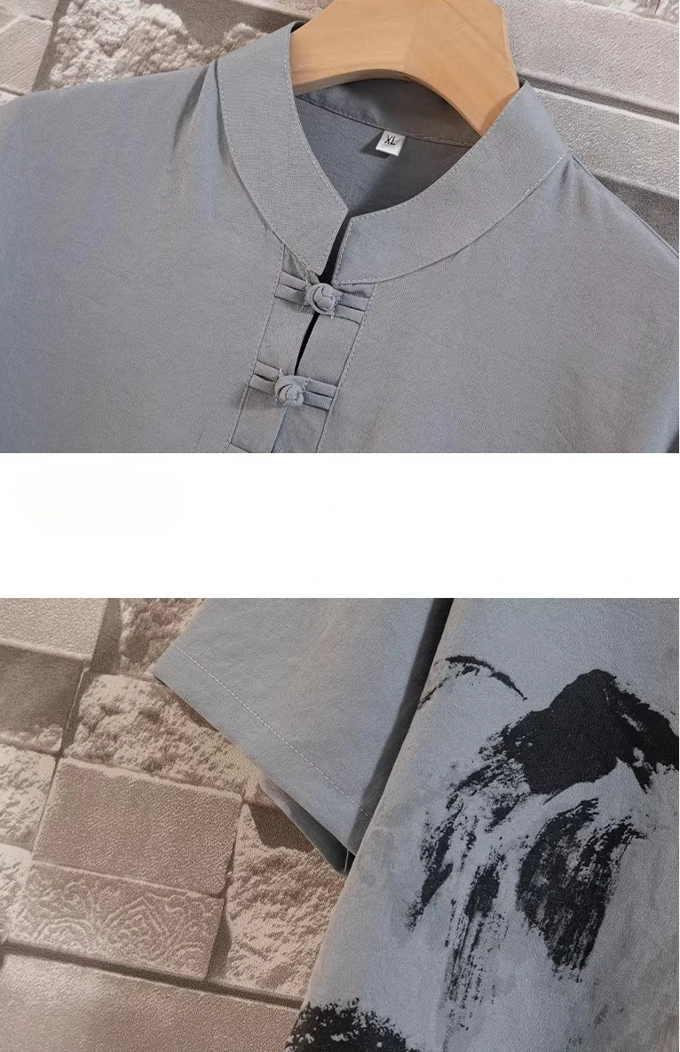 Chinese-style Men's Blue Two-piece Set: A Summer Short-sleeve Pullover Shirt Paired with Knee-length Shorts, Asian Sizes M-4XL. thumbnail 4