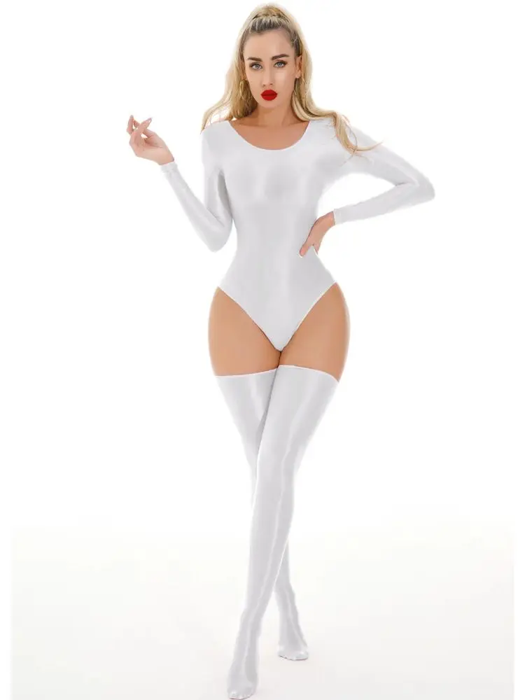 New Unisex Glossy Shiny Long Sleeve Catsuit Swimsuit Tights Sexy Body Teddies Elastic Fitness Bodysuit Swimwear Leotard Unitard thumbnail 5