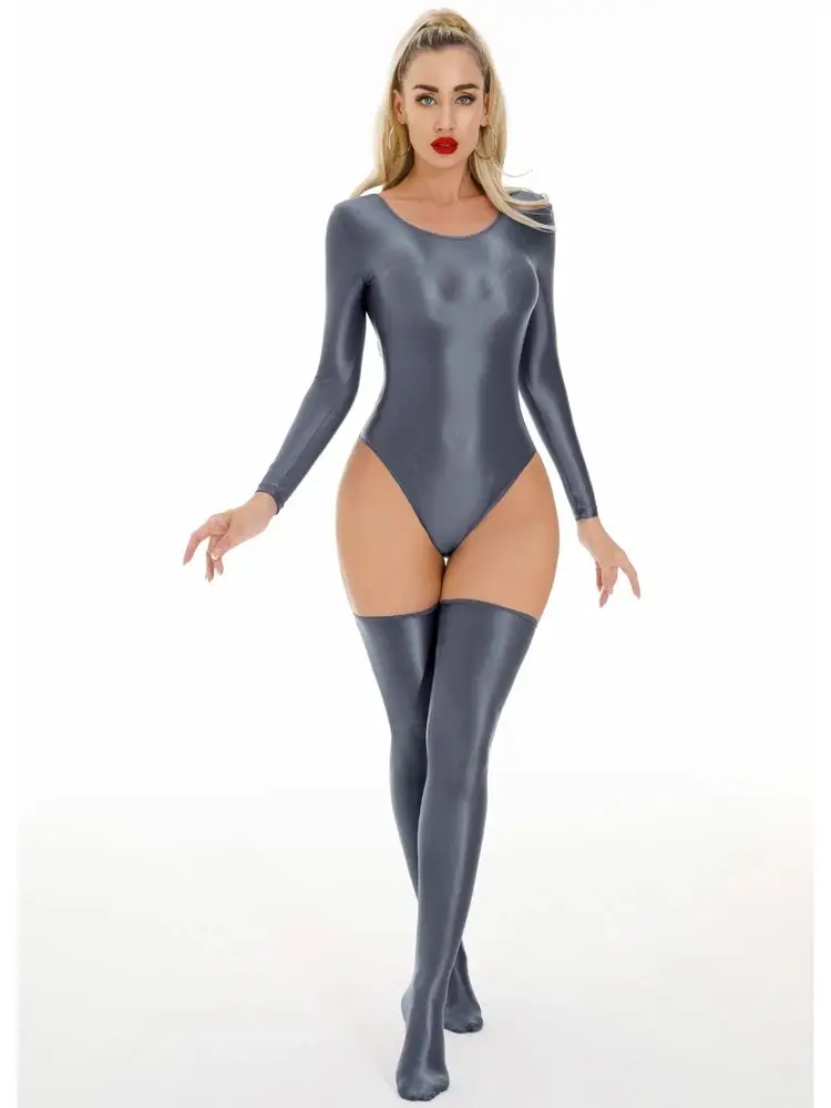 New Unisex Glossy Shiny Long Sleeve Catsuit Swimsuit Tights Sexy Body Teddies Elastic Fitness Bodysuit Swimwear Leotard Unitard thumbnail 4