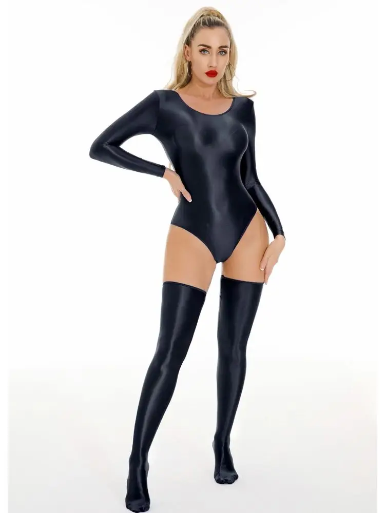 New Unisex Glossy Shiny Long Sleeve Catsuit Swimsuit Tights Sexy Body Teddies Elastic Fitness Bodysuit Swimwear Leotard Unitard thumbnail 2