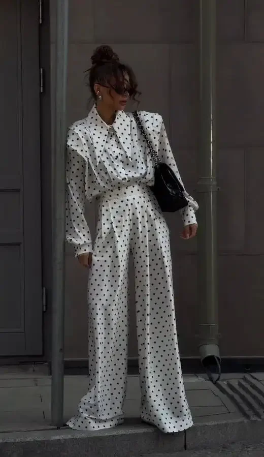 Polka Dot Printed Shirt Trouser Set Women Casual Full Sleeve Single Breasted High Waist Wide Leg Pant Suit Lady Elegant Outfit