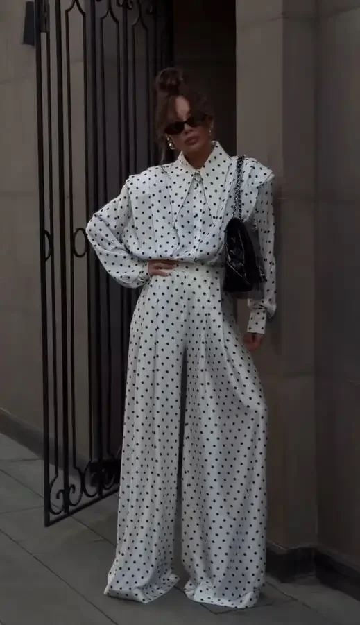 Polka Dot Printed Shirt Trouser Set Women Casual Full Sleeve Single Breasted High Waist Wide Leg Pant Suit Lady Elegant Outfit thumbnail 2