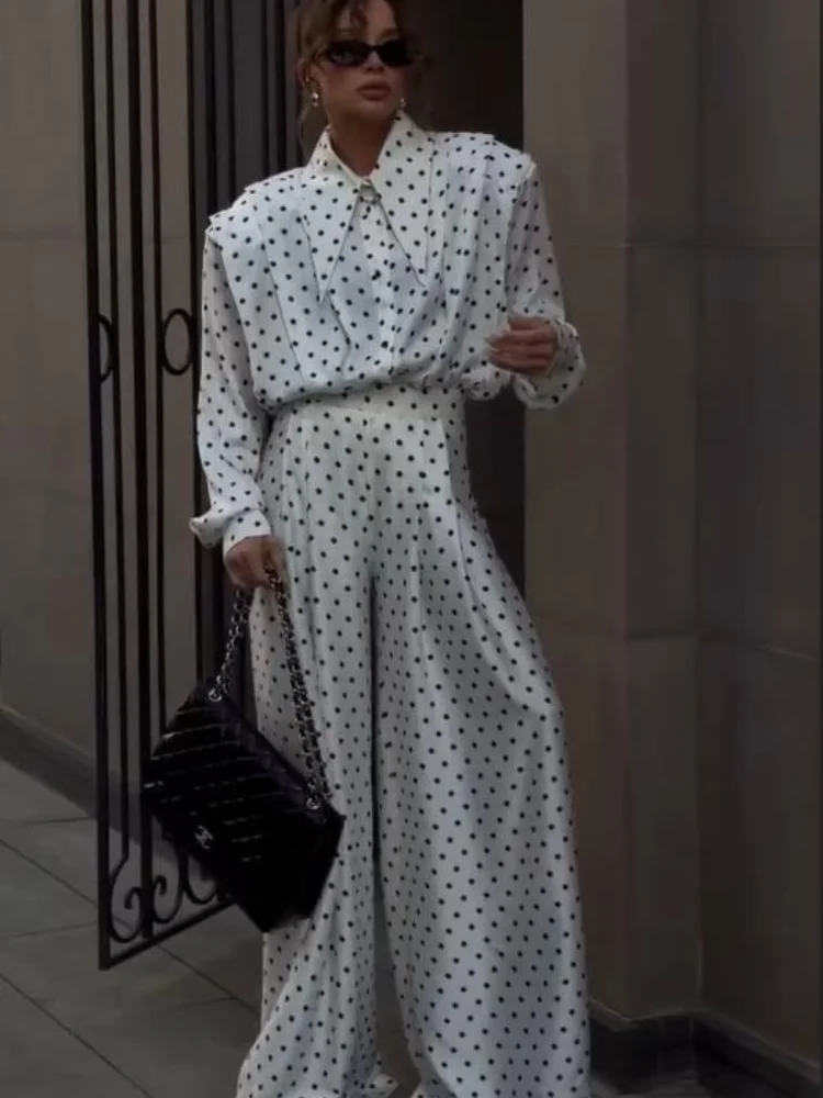 Polka Dot Printed Shirt Trouser Set Women Casual Full Sleeve Single Breasted High Waist Wide Leg Pant Suit Lady Elegant Outfit thumbnail 5