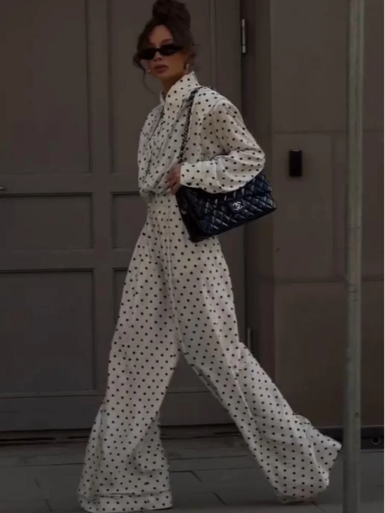 Polka Dot Printed Shirt Trouser Set Women Casual Full Sleeve Single Breasted High Waist Wide Leg Pant Suit Lady Elegant Outfit thumbnail 4