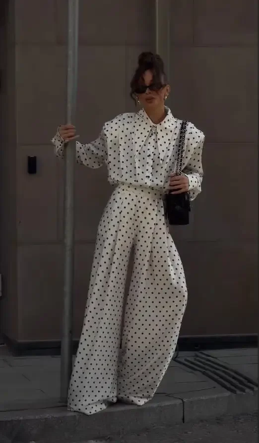 Polka Dot Printed Shirt Trouser Set Women Casual Full Sleeve Single Breasted High Waist Wide Leg Pant Suit Lady Elegant Outfit thumbnail 3