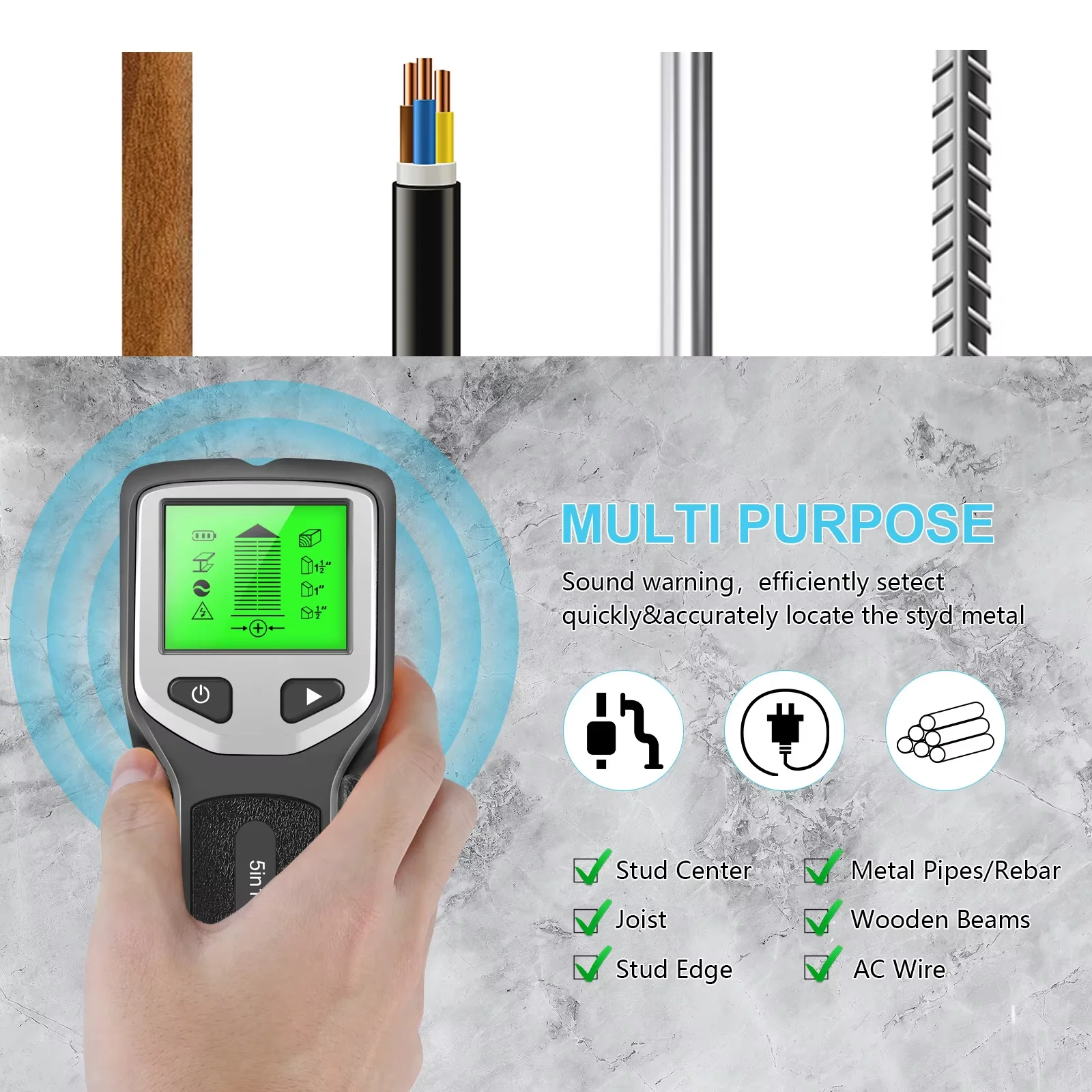 New 5-In-1 Wall Detector Handheld Stud Metal Live Wire AC Cable PVC Water Pipe Scanner For Home And DIY Use thumbnail 3