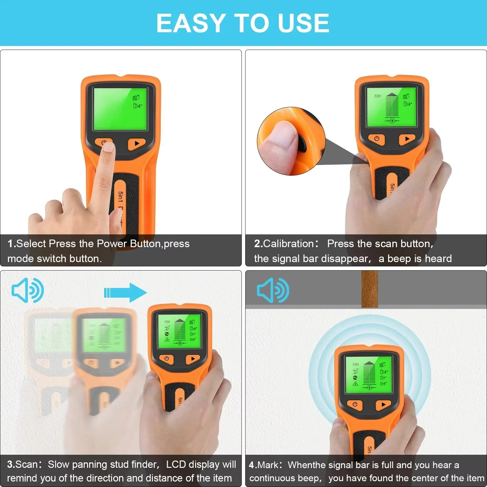 New 5-In-1 Wall Detector Handheld Stud Metal Live Wire AC Cable PVC Water Pipe Scanner For Home And DIY Use thumbnail 5