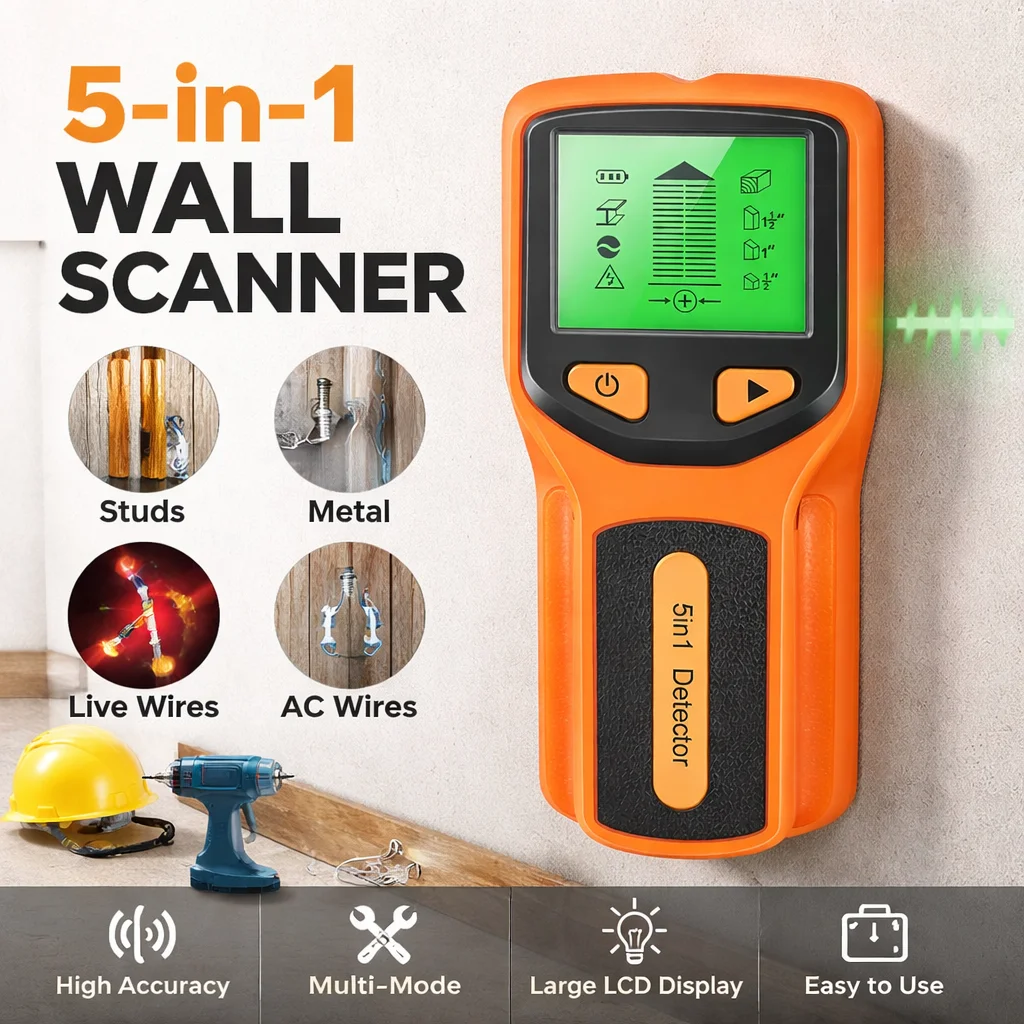 New 5-In-1 Wall Detector Handheld Stud Metal Live Wire AC Cable PVC Water Pipe Scanner For Home And DIY Use