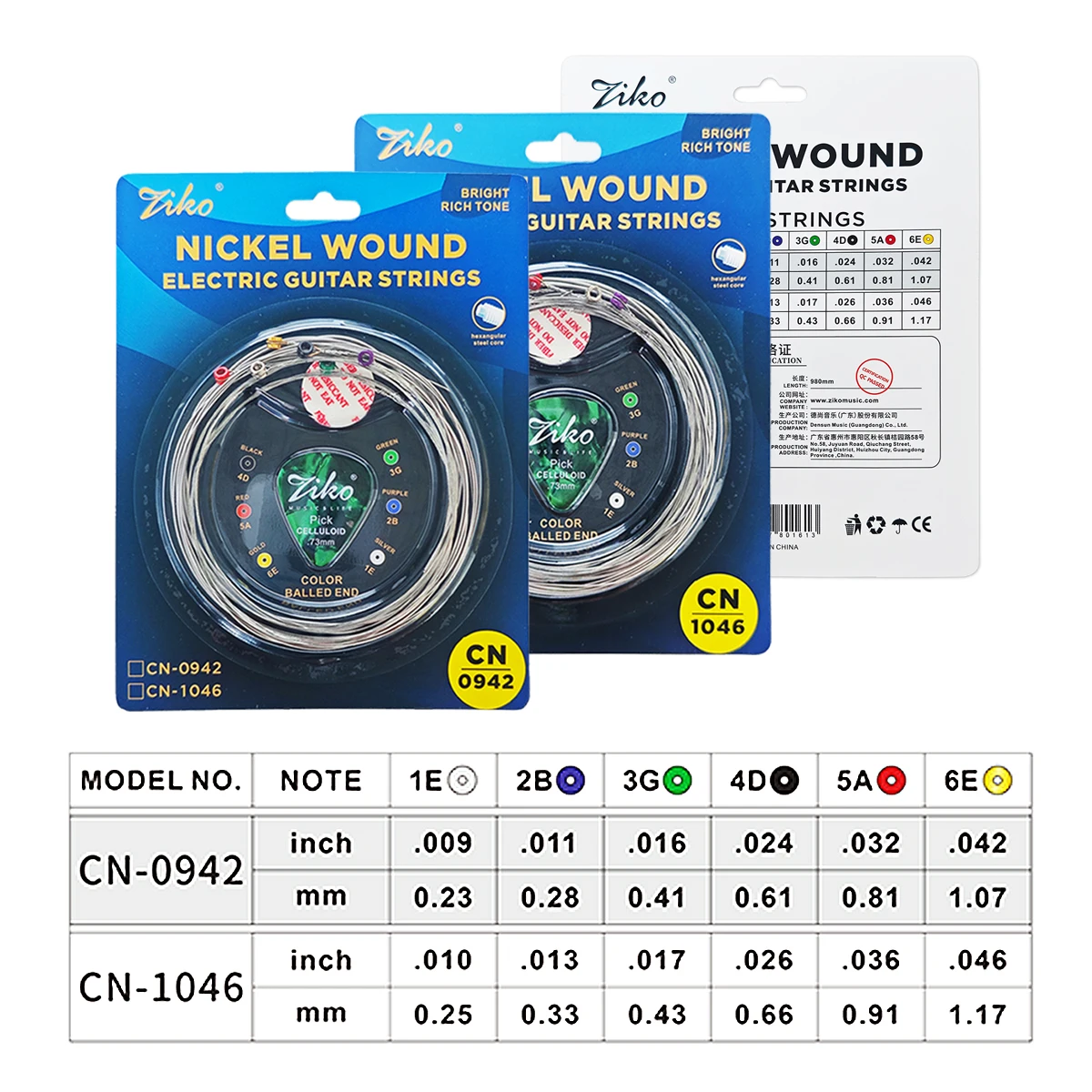 ZIKO 1Set CN-0942 / CN-1046 Nickel Wound Electric Guitar Strings – Hexagonal Steel Core, Bright Tone, 980mm, 6pcs/Set thumbnail 2