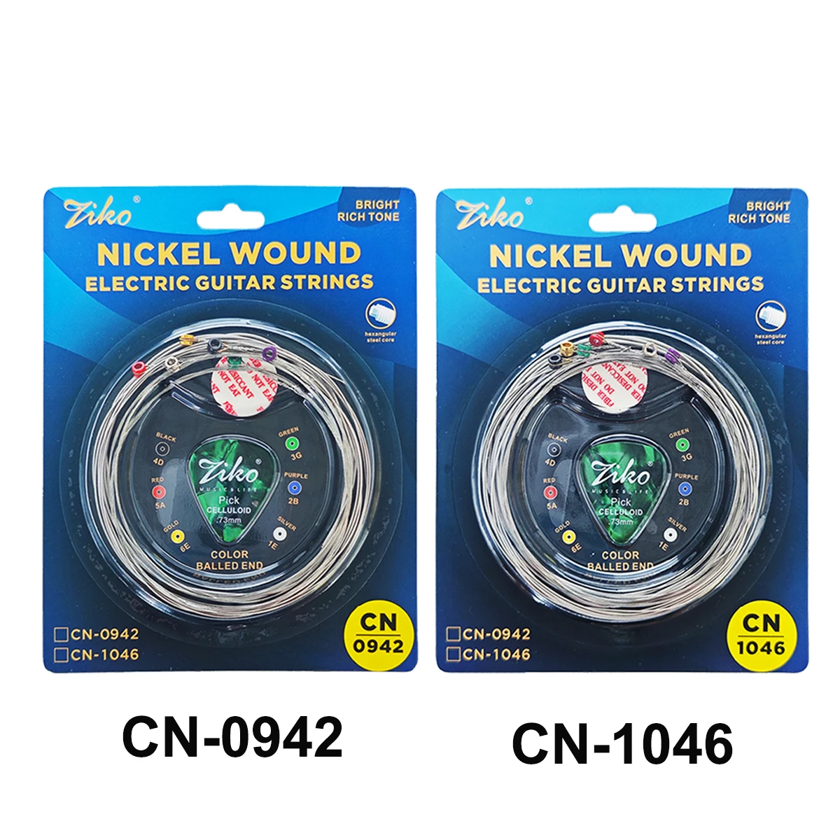 ZIKO 1Set CN-0942 / CN-1046 Nickel Wound Electric Guitar Strings – Hexagonal Steel Core, Bright Tone, 980mm, 6pcs/Set