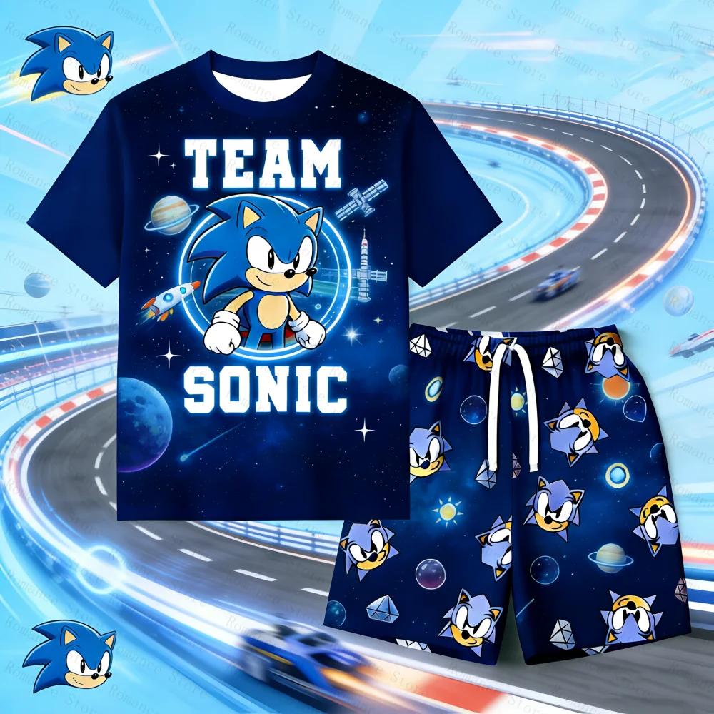 Summer Sonic The Hedgehog 2Pcs Set for Kids Boys 3D Print T-shirt + Shorts Casual Cartoon Outfit Children's Clothing Adult Set thumbnail 2